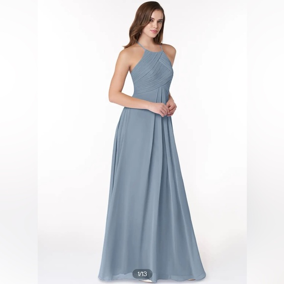 NWOT Azazie Ginger Dusty Blue A-Line Halter Pleated Chiffon Dress Size A2 - Picture 1 of 9